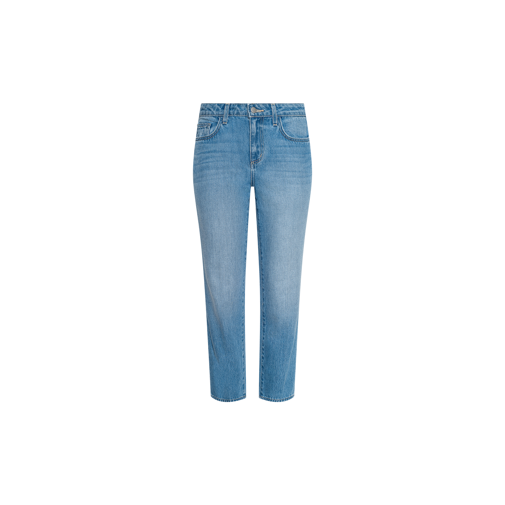 Thalina Cropped Stovepipe Jean in a light blue wash, featuring a classic five-pocket design, straight leg cut, and button waist, displayed against a plain white background.
