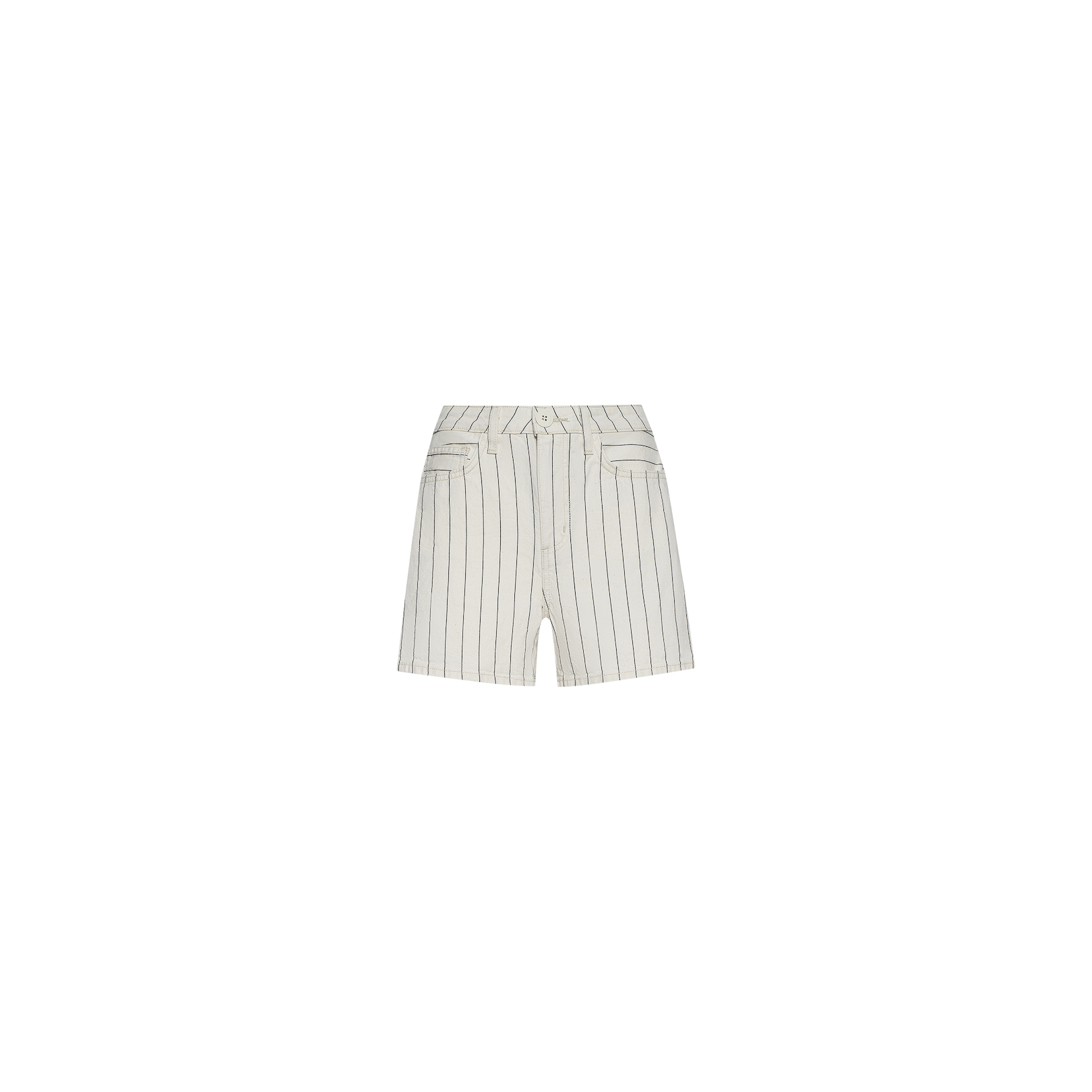 The Lissania Short features a white high-waisted design with thin vertical black stripes, front pockets, and a button closure. Displayed on a plain white background, these nautical-inspired shorts offer a fresh take on classic style.