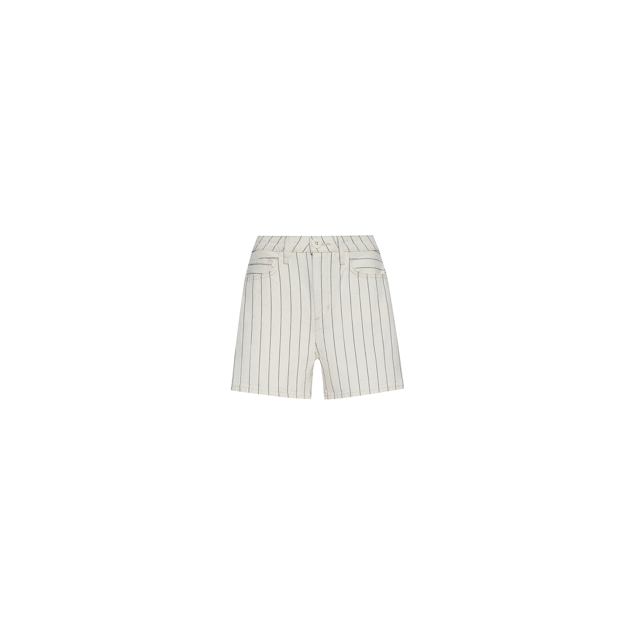 The Lissania Short is a high-rise beige short with thin vertical black pinstripes, featuring a front zipper, belt loops, and two front pockets that evoke the look of striped coastal pants, displayed against a plain white background.