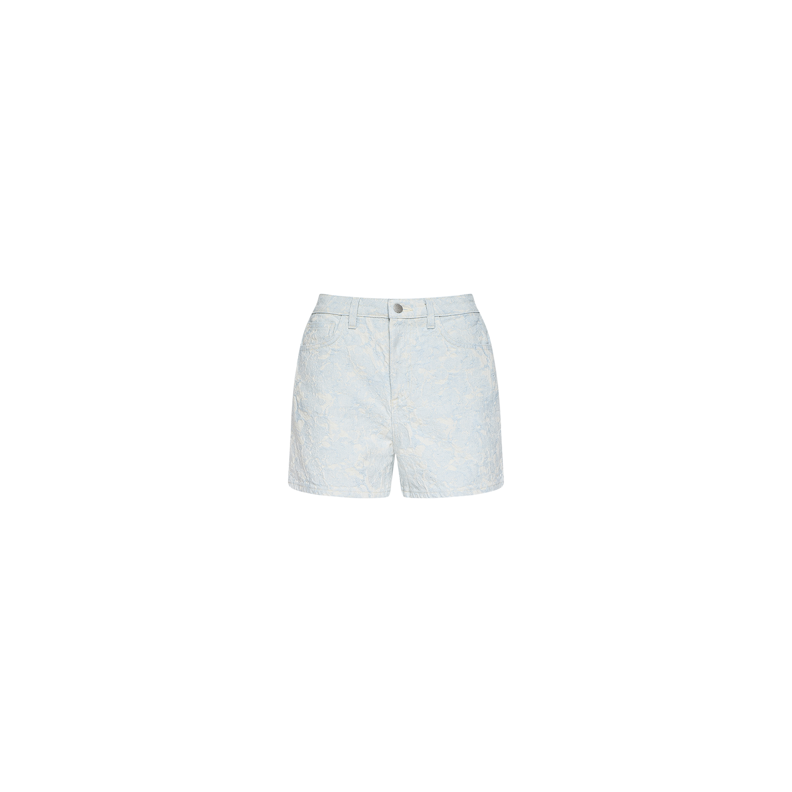 The Lissania Jacquard Short showcases light blue denim with a subtle white floral print, crafted from textured cotton jacquard. Designed with a high rise, front zipper, and button closure, these coastal-inspired shorts are photographed against a plain white background.