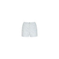 The Lissania Jacquard Short showcases light blue denim with a subtle white floral print, crafted from textured cotton jacquard. Designed with a high rise, front zipper, and button closure, these coastal-inspired shorts are photographed against a plain white background.