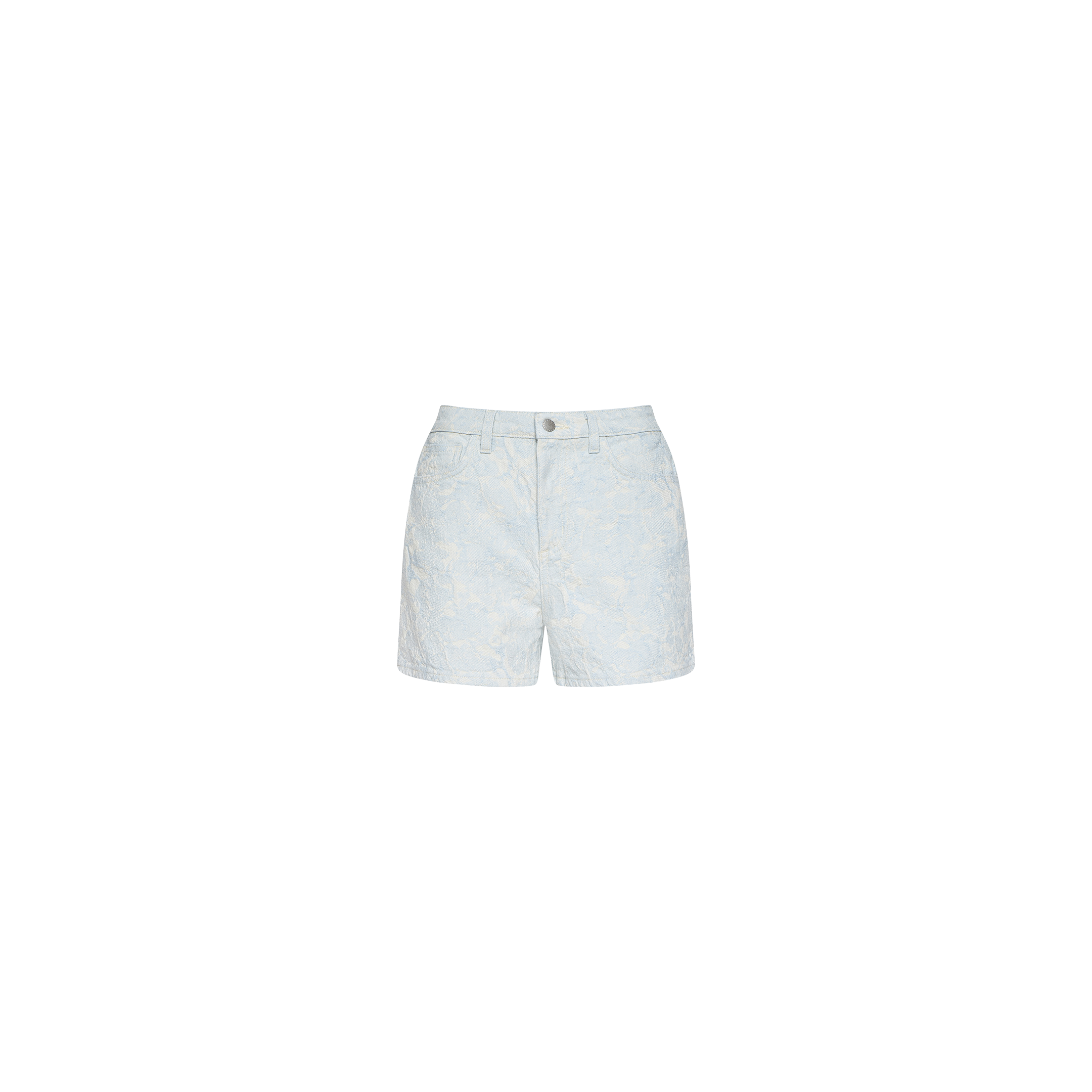 The Lissania Jacquard Short showcases light blue denim with a subtle white floral print, crafted from textured cotton jacquard. Designed with a high rise, front zipper, and button closure, these coastal-inspired shorts are photographed against a plain white background.