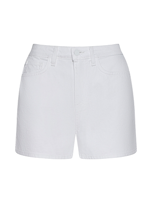 The Lissania Jean Short is a high-rise, white denim short featuring belt loops, front and back pockets, and a button-zipper closure for a tailored fit.