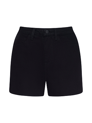 The Lissania Jean Short is a pair of black denim shorts featuring a high rise, tailored fit, front button and zipper closure, plus front and back pockets, shown against a white background.