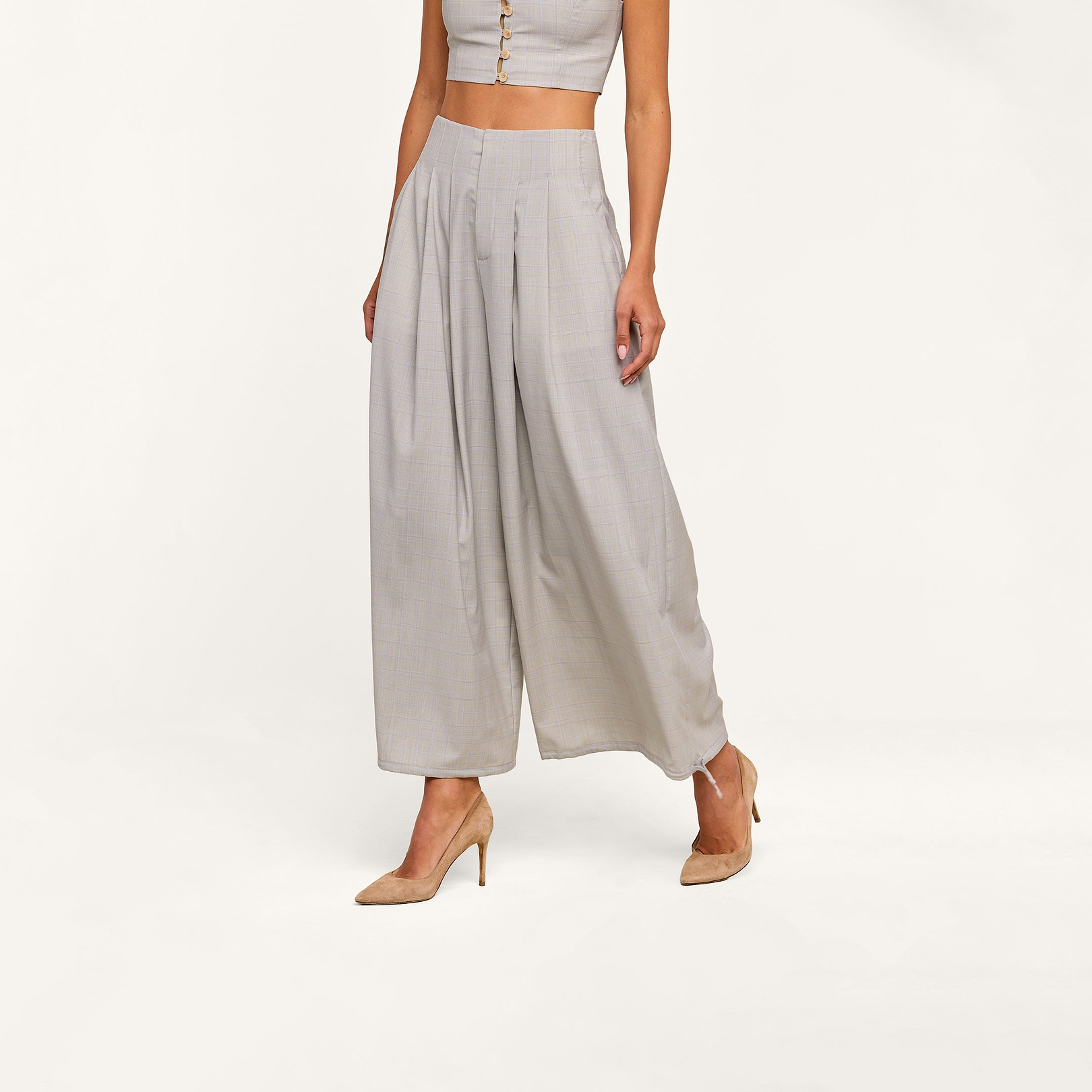 Ysola Pant in Ivory/Tan/Blue Plaid | L'AGENCE