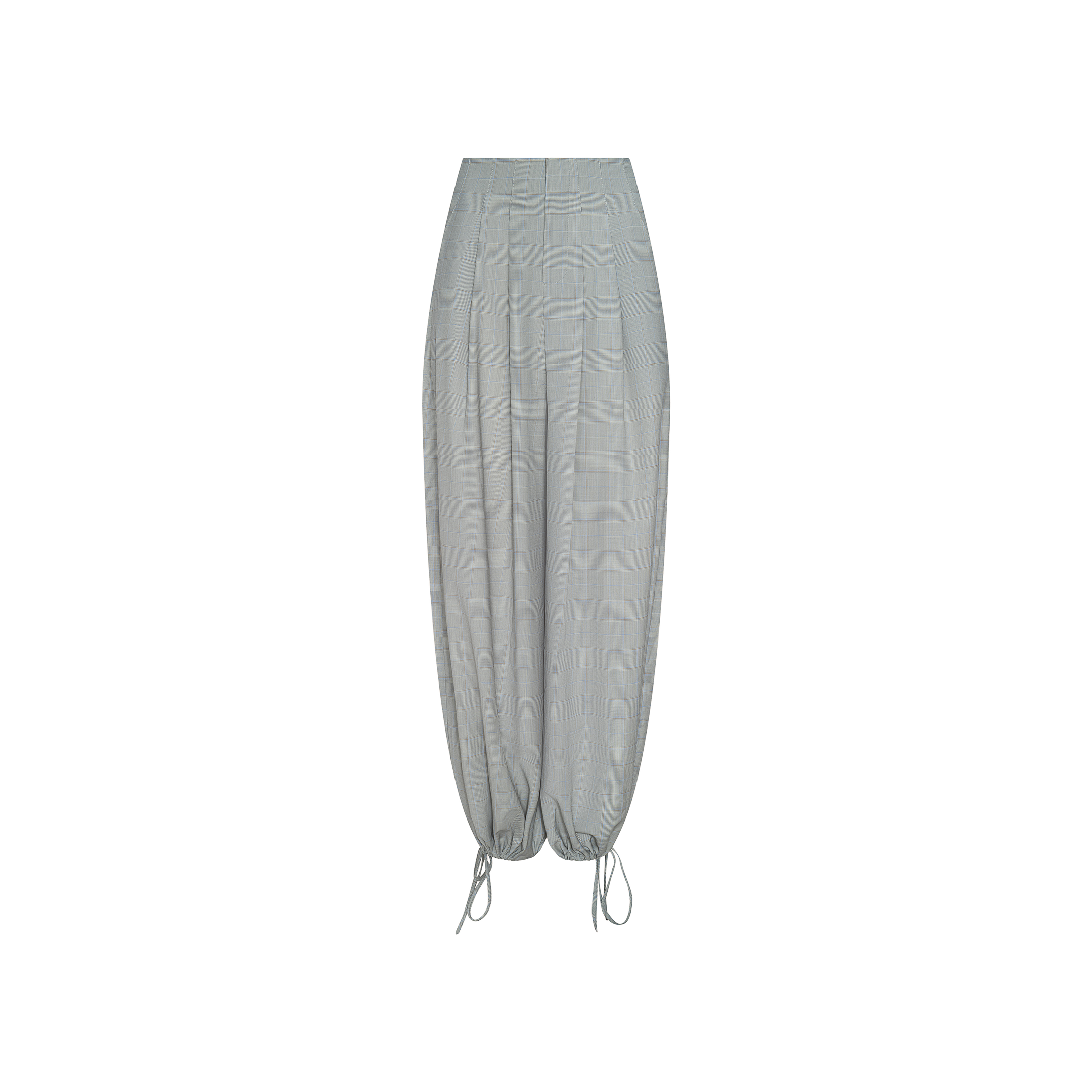 The Ysola Pant is an ultra-high-rise trouser in light gray, featuring a loose, wide-leg fit and adjustable drawstrings at the ankle cuffs, showcased against a plain white background.