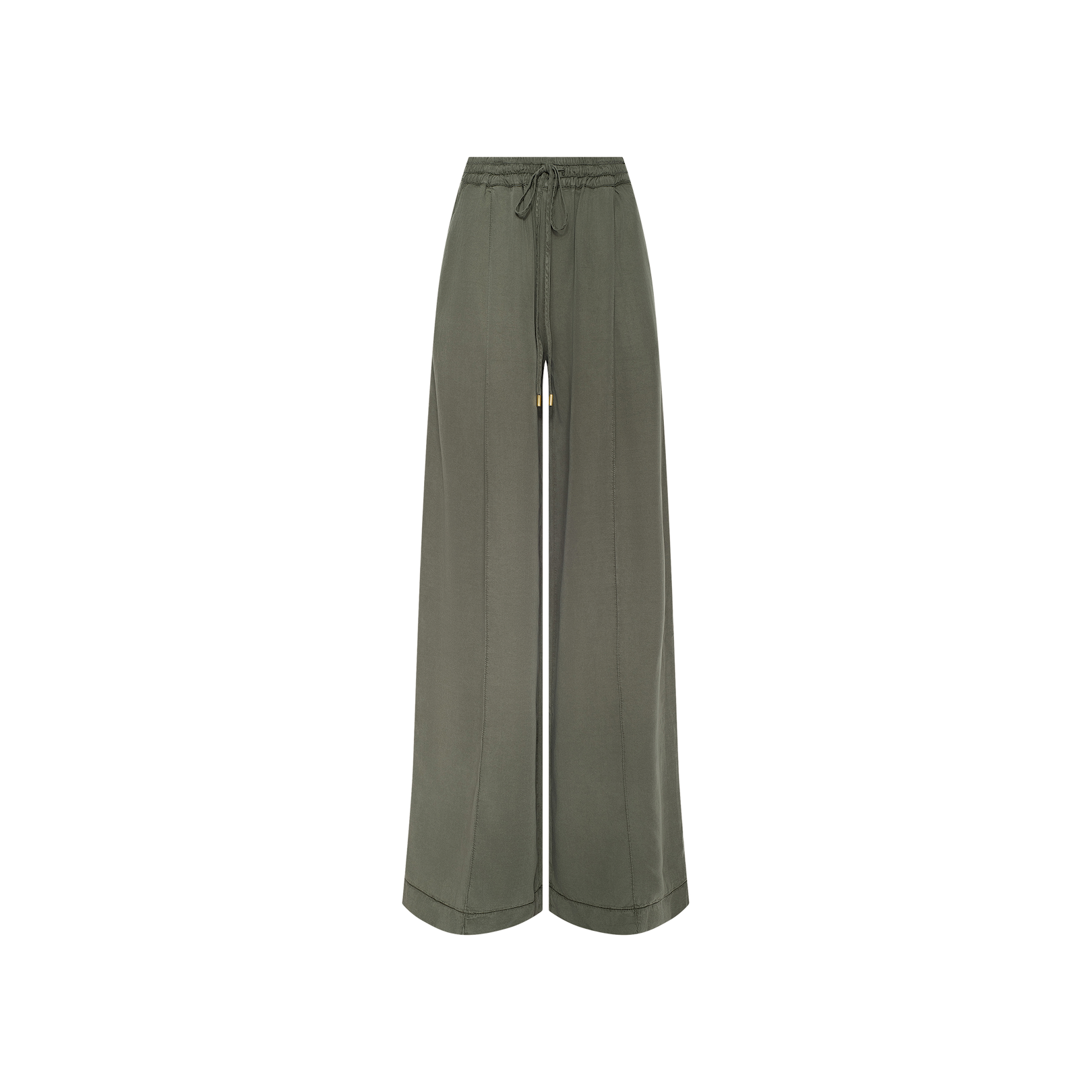 Connie Drawstring Trouser in olive green featherweight twill, featuring a wide-leg silhouette with a high elastic waistband and adjustable drawstring tie, showcased against a plain white background.