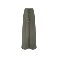 Connie Drawstring Trouser in olive green featherweight twill, featuring a wide-leg silhouette with a high elastic waistband and adjustable drawstring tie, showcased against a plain white background.
