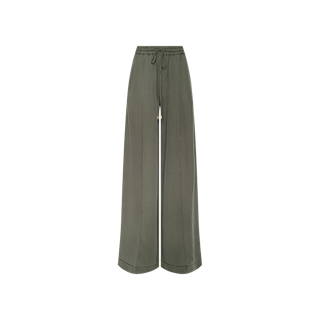 The Connie Drawstring Trouser in olive green is crafted from featherweight twill and showcases a wide-leg silhouette with a relaxed fit, subtle seam details, and an adjustable drawstring waistband, displayed against a plain white background.