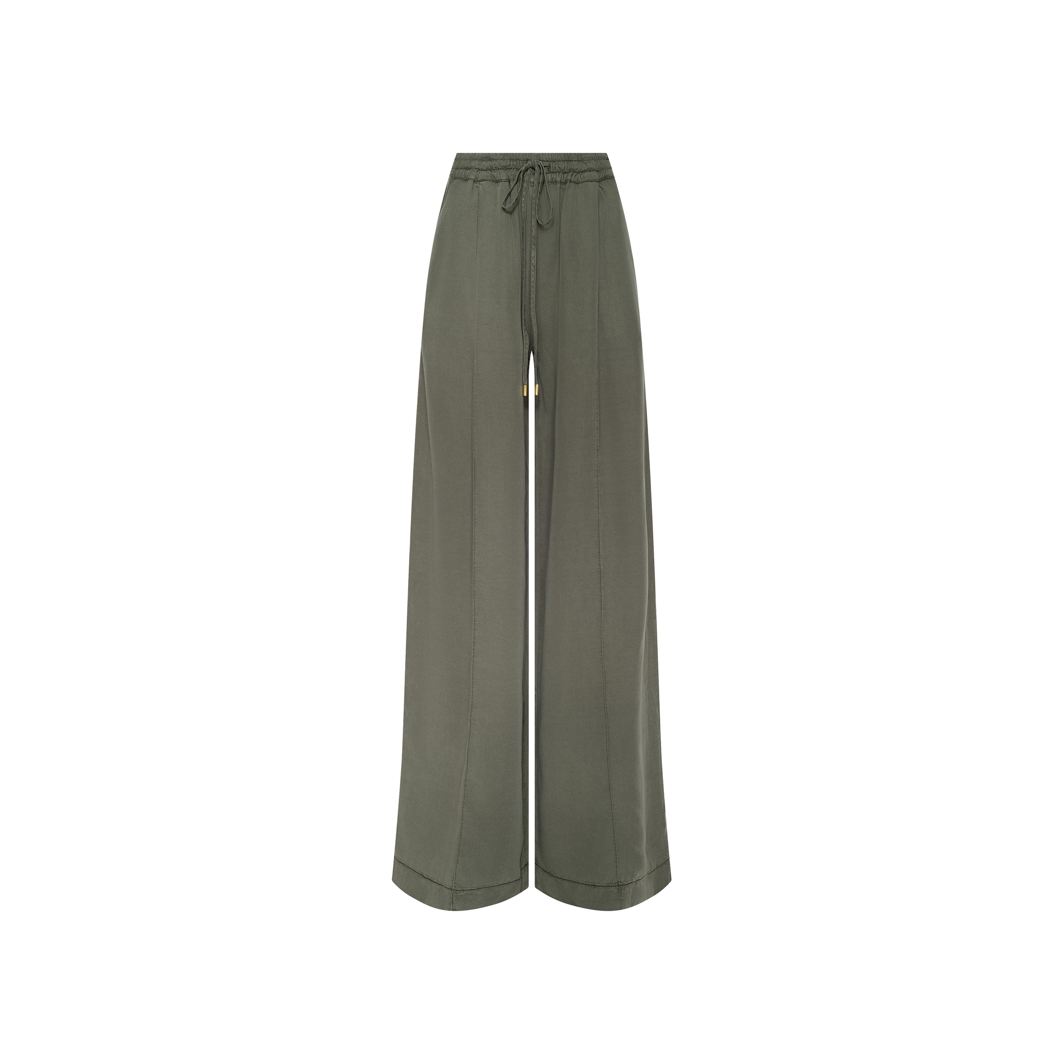 Connie Drawstring Trouser in olive green featherweight twill, featuring a wide-leg silhouette with a high elastic waistband and adjustable drawstring tie, showcased against a plain white background.