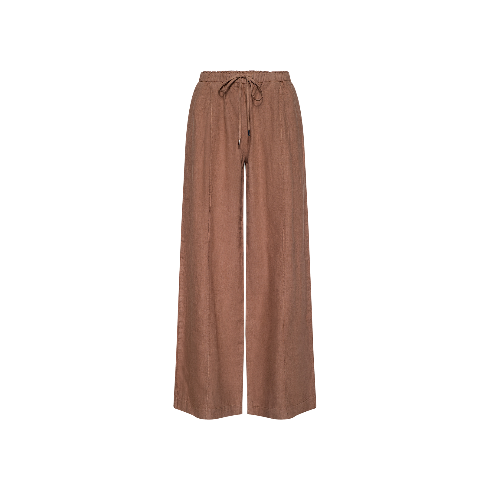 Connie Linen Drawstring Trouser in brown with a wide-leg silhouette and adjustable drawstring waistband, displayed on a plain white background.