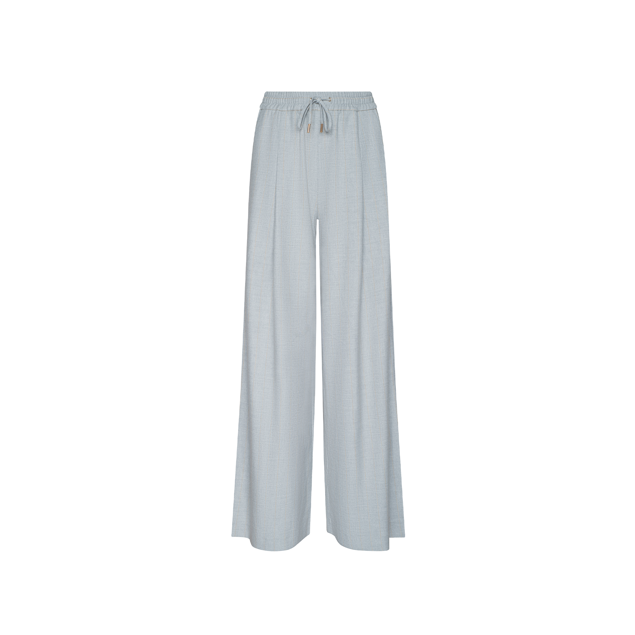 The Connie Drawstring Trouser features light gray, wide-leg pants with an elastic waistband and adjustable drawstring, offering designer style inspired by Paris Fashion Week on a plain white background.