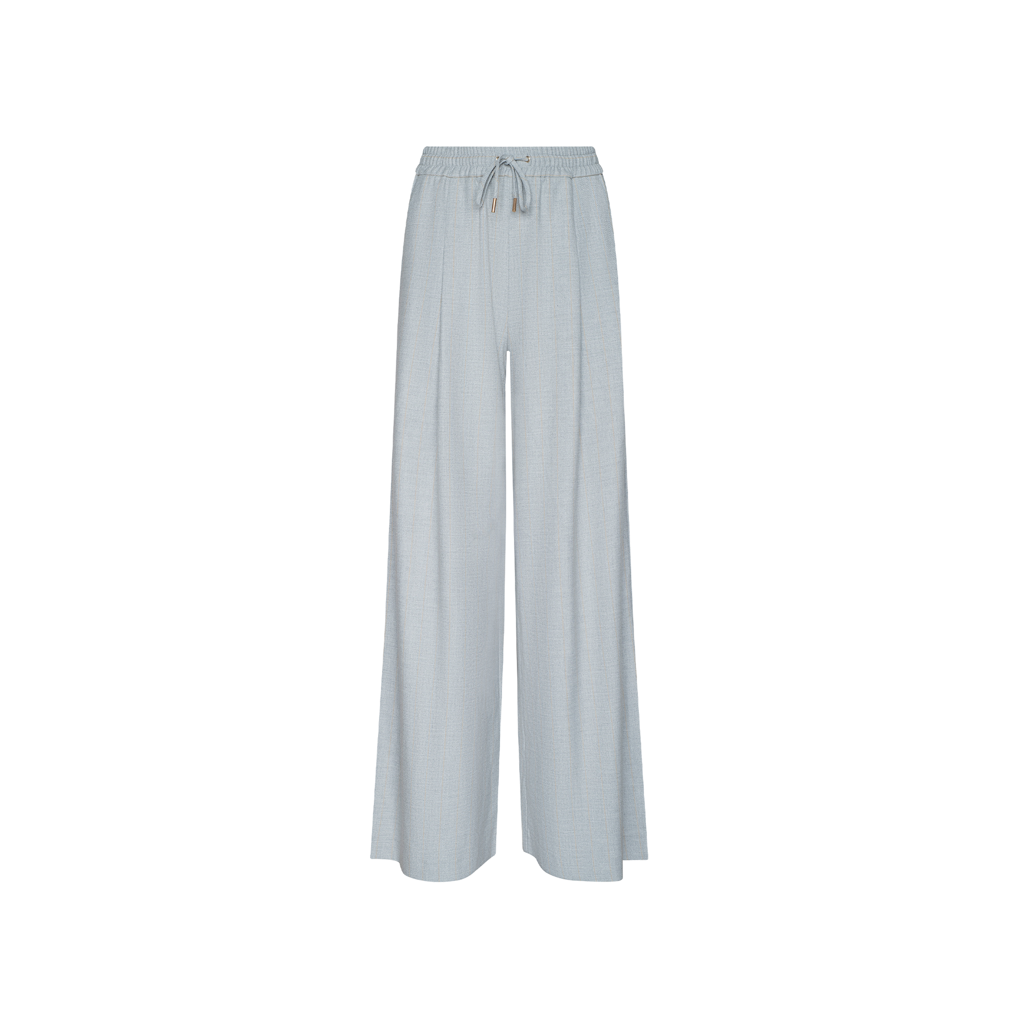 The Connie Drawstring Trouser features light gray, wide-leg pants with an elastic waistband and adjustable drawstring, offering designer style inspired by Paris Fashion Week on a plain white background.