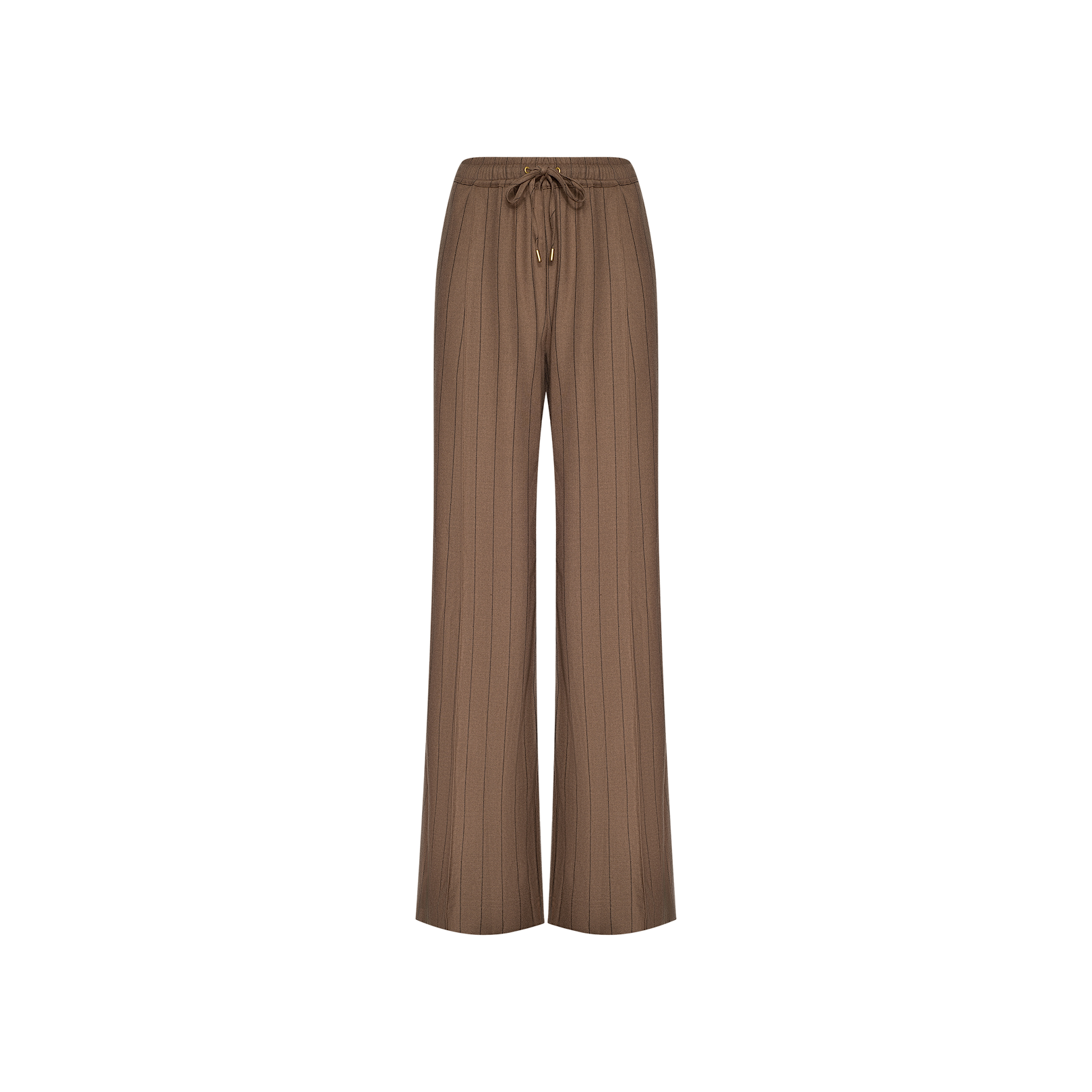 The Connie Drawstring Trouser features a brown high-rise pinstripe design with a relaxed wide-leg fit, gold grommets, and a drawstring waist, showcased on a plain white background.