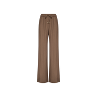 The Connie Drawstring Trouser features a brown high-rise pinstripe design with a relaxed wide-leg fit, gold grommets, and a drawstring waist, showcased on a plain white background.