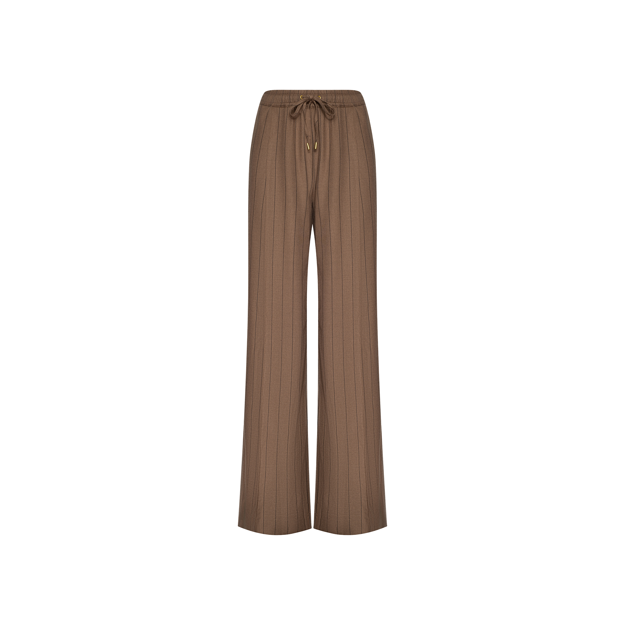 The Connie Drawstring Trouser features a brown high-rise pinstripe design with a relaxed wide-leg fit, gold grommets, and a drawstring waist, showcased on a plain white background.