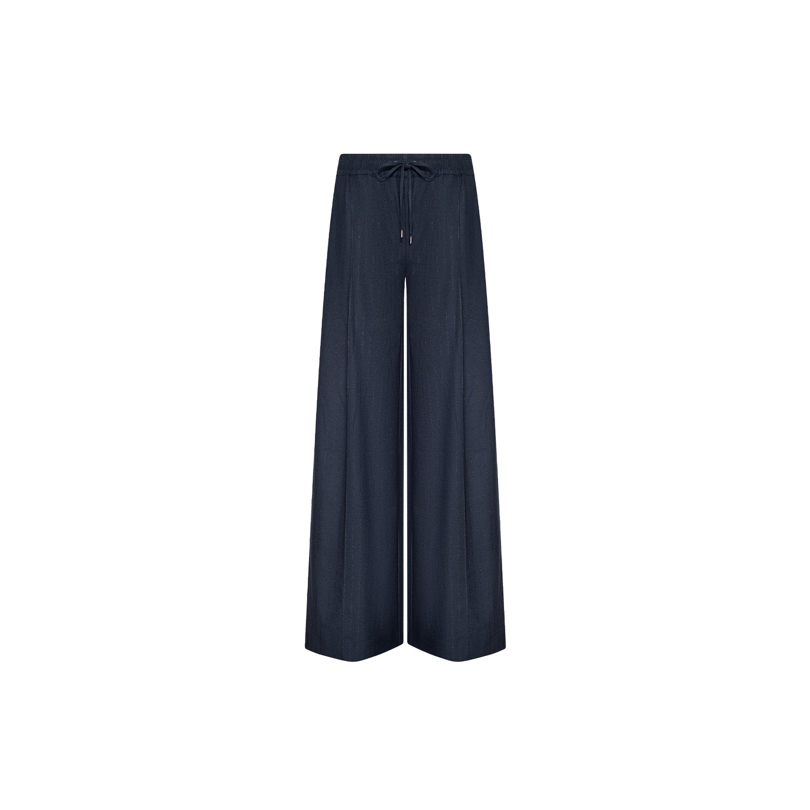 Connie Drawstring Trouser in navy blue, featuring a wide-leg business casual design with an elastic waistband and drawstring, displayed on a plain white background.