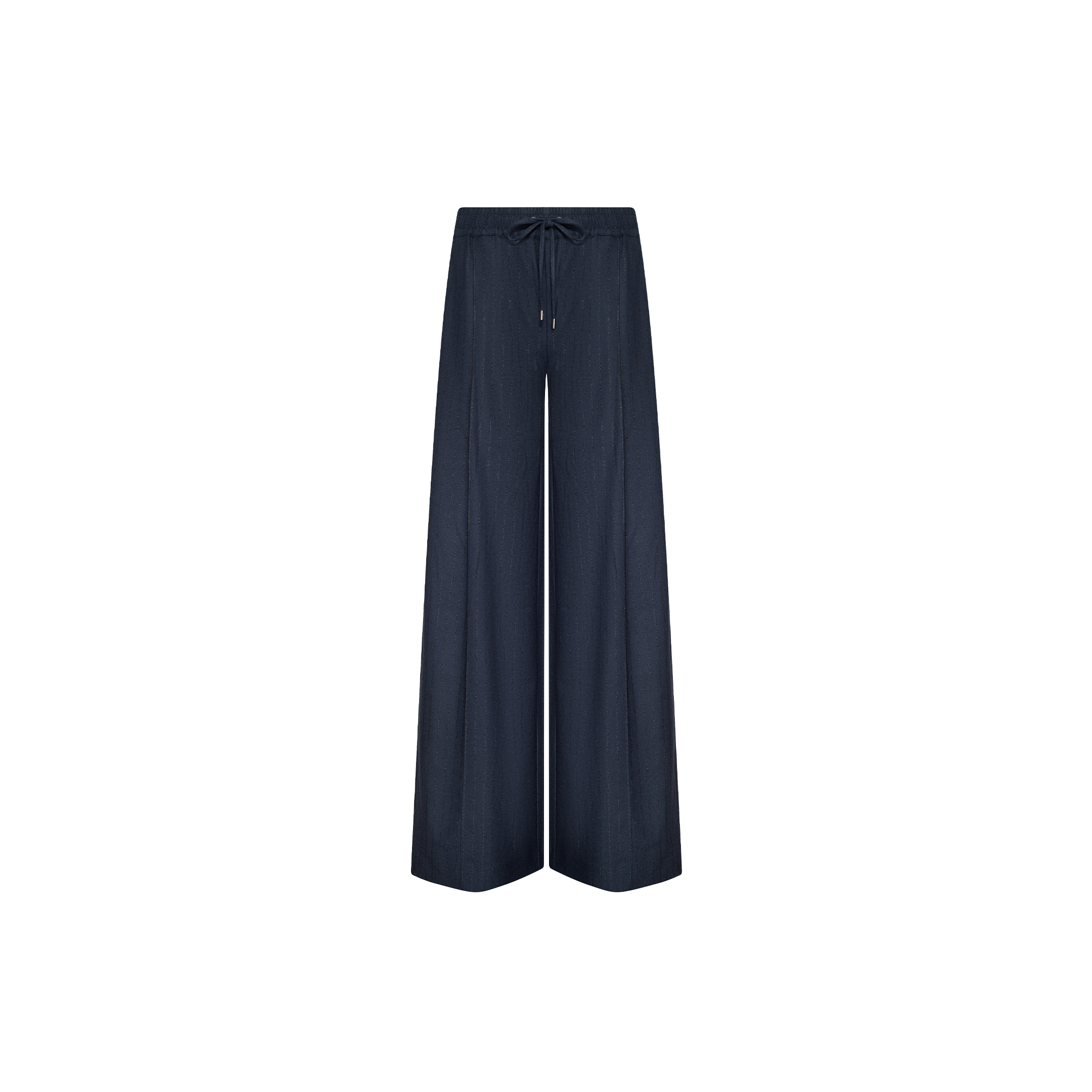 Connie Drawstring Trouser in navy blue, featuring a wide-leg business casual design with an elastic waistband and drawstring, displayed on a plain white background.
