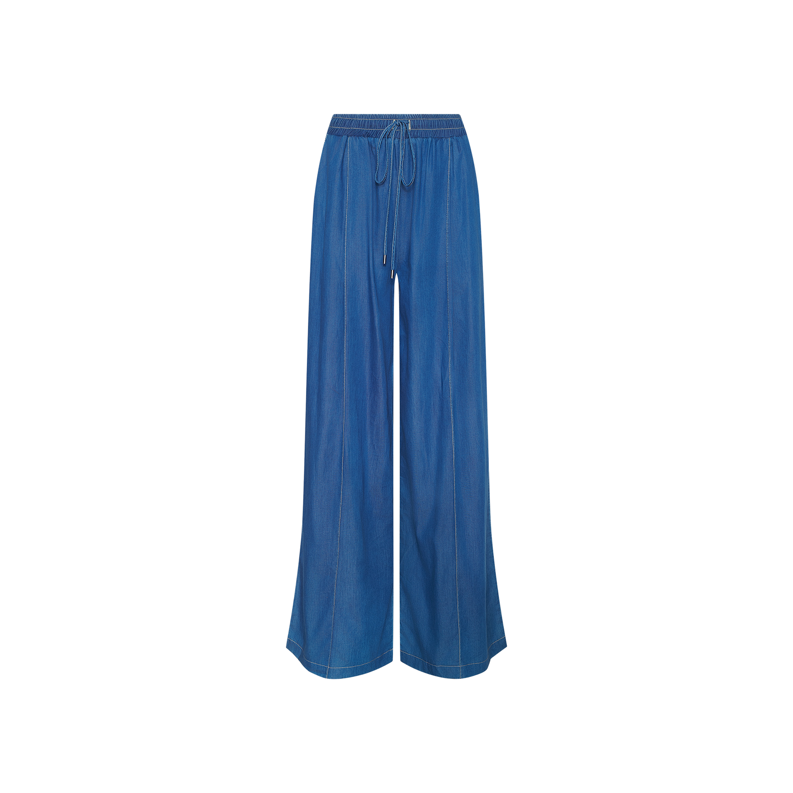 Connie Drawstring Jean in blue, featuring a relaxed wide-leg silhouette and drawstring waist, crafted from featherweight denim and displayed on a white background.
