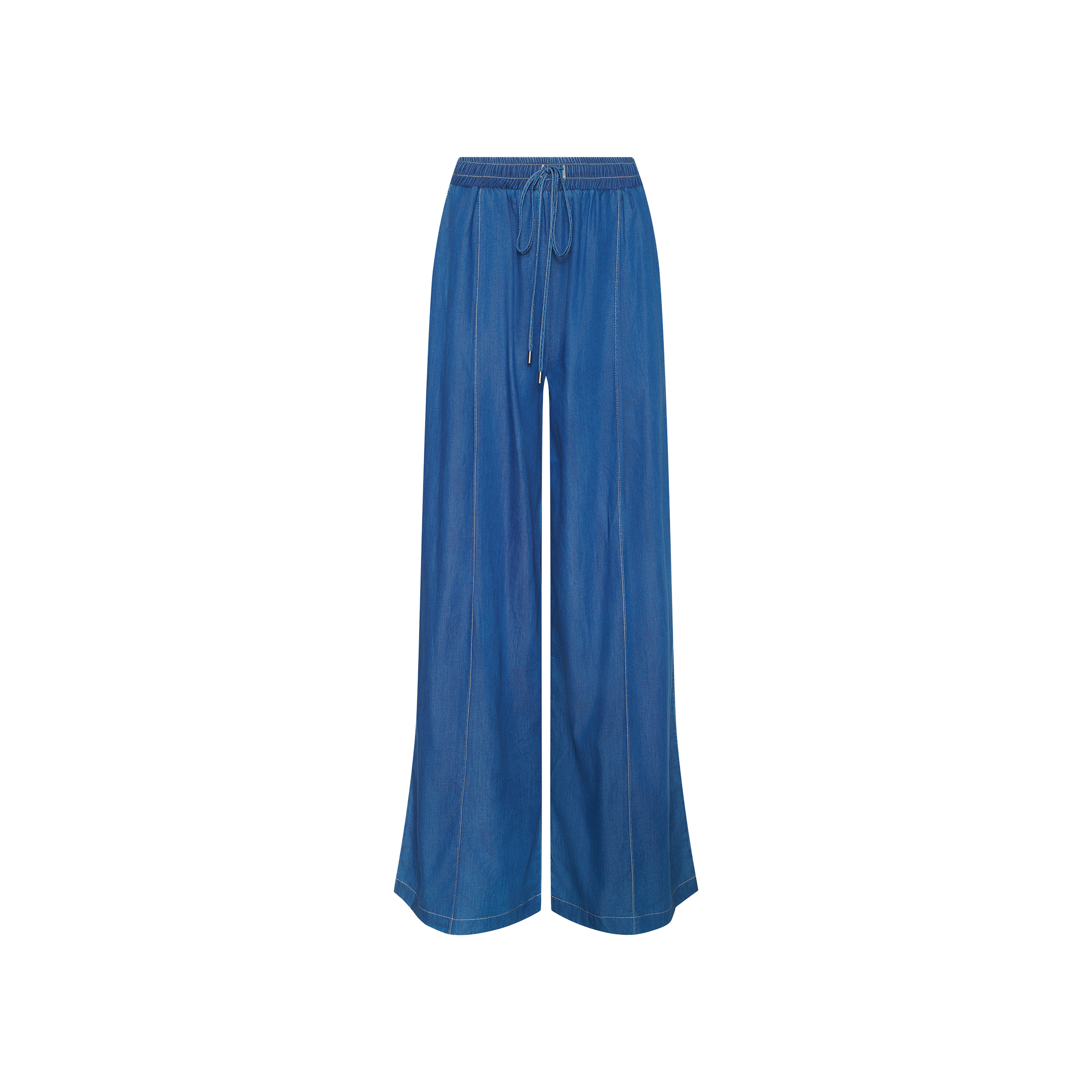 Connie Drawstring Jean in blue, featuring a relaxed wide-leg silhouette and drawstring waist, crafted from featherweight denim and displayed on a white background.