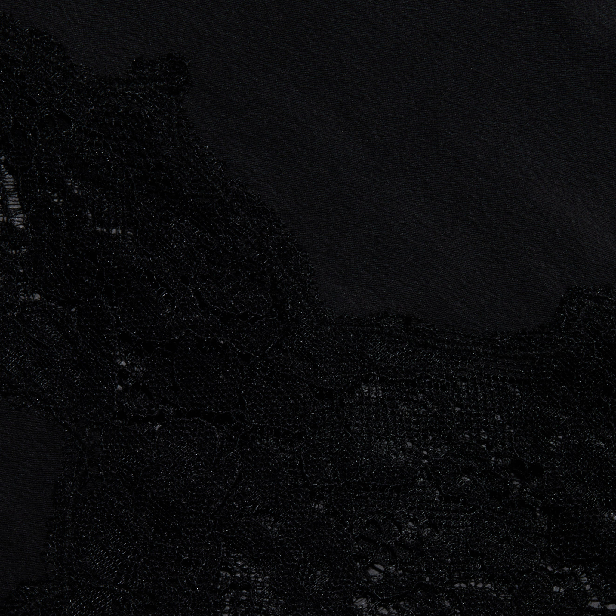 Close-up of black lace fabric against a solid black background, featuring delicate floral patterns and intricate texture along the left and bottom edges—reminiscent of the refined detailing found in the Mirel Satin Lace Pant.