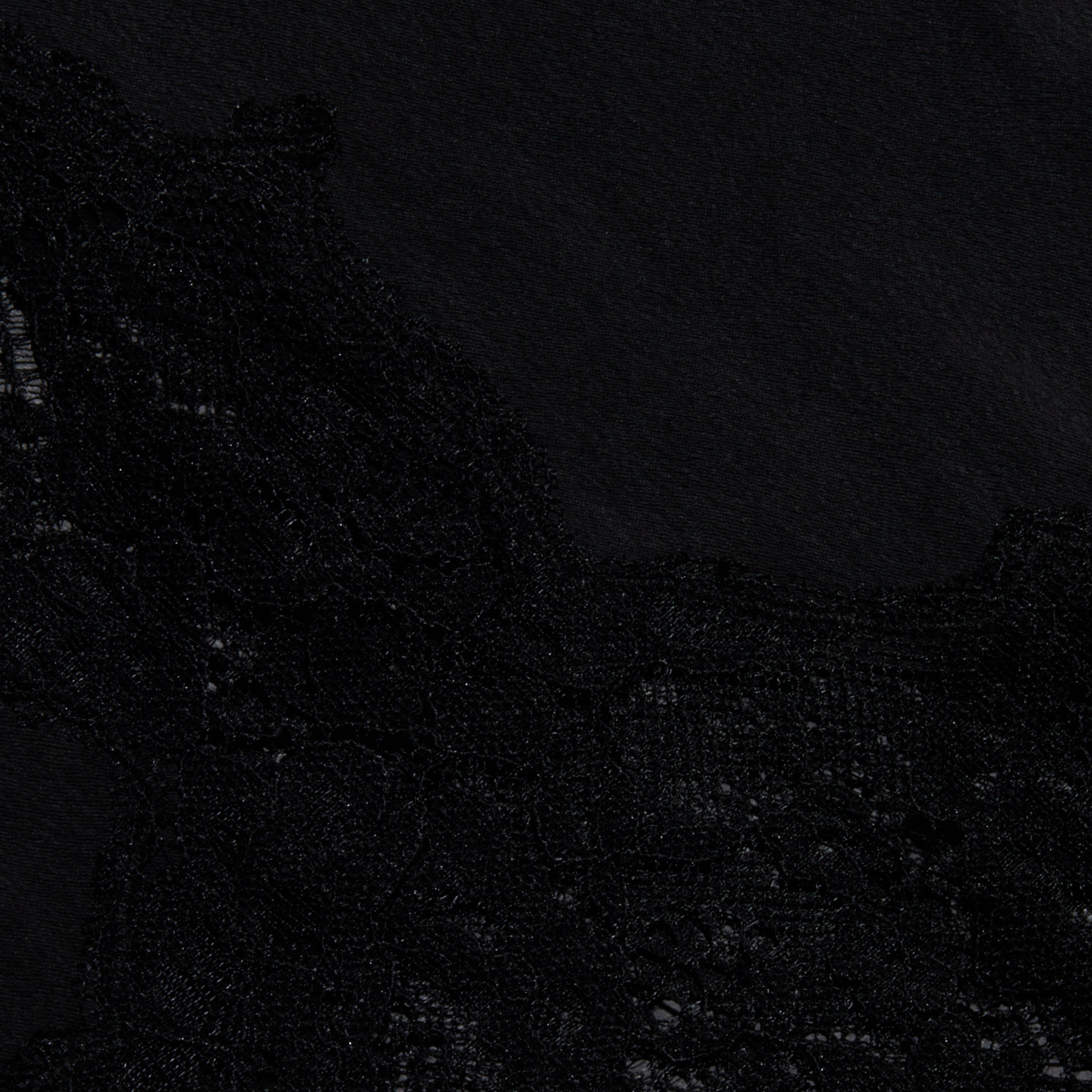 Close-up of black lace fabric against a solid black background, featuring delicate floral patterns and intricate texture along the left and bottom edges—reminiscent of the refined detailing found in the Mirel Satin Lace Pant.