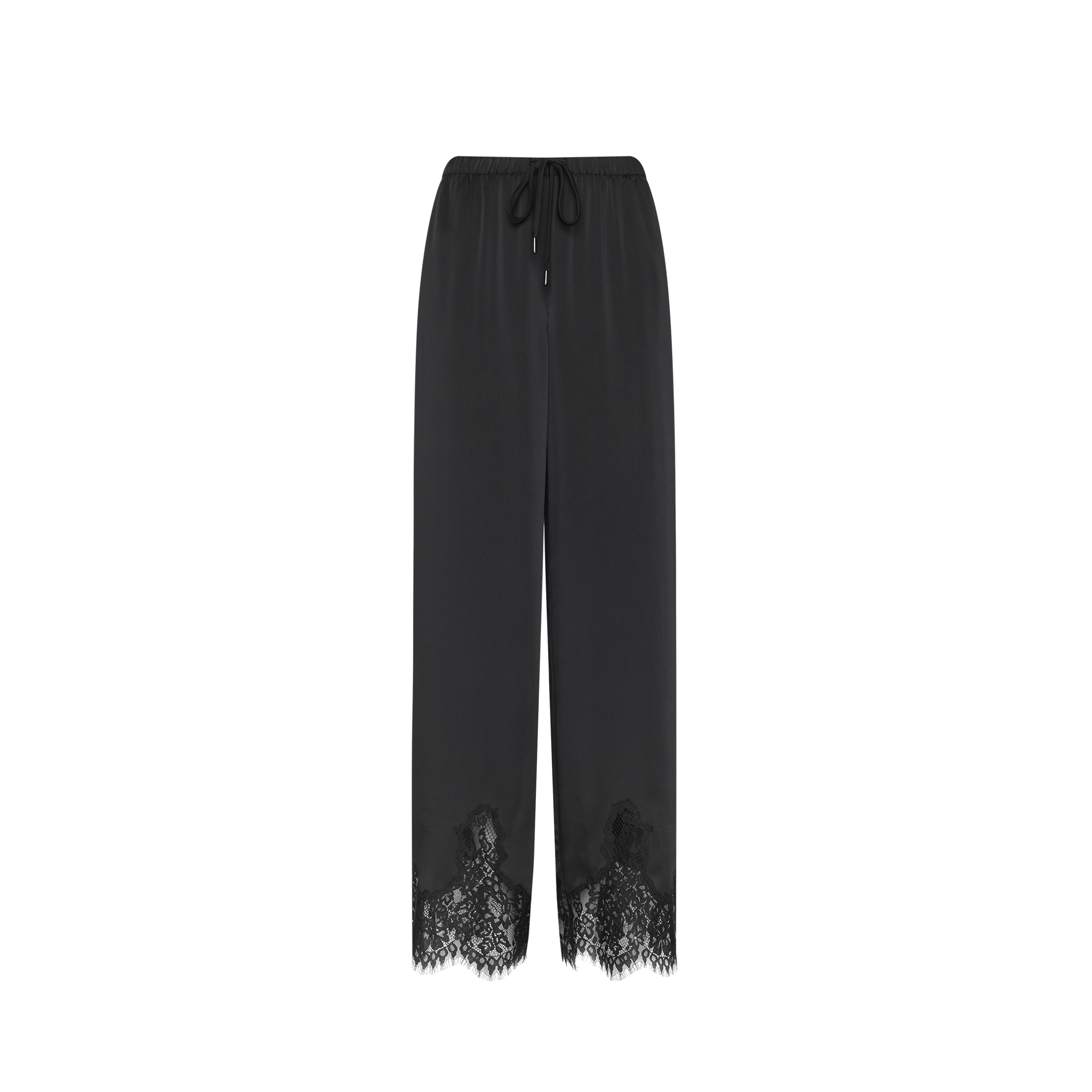 The Mirel Satin Lace Pant features a black satin finish, a drawstring waist, and delicate lace trim at the hem, showcased against a plain white background.