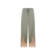 The Mirel Pant features a light olive green satin finish, a drawstring waist, wide legs, and delicate beige lace trim at the hem, displayed on a plain white background. These elegant pants offer a chic blend of comfort and style.
