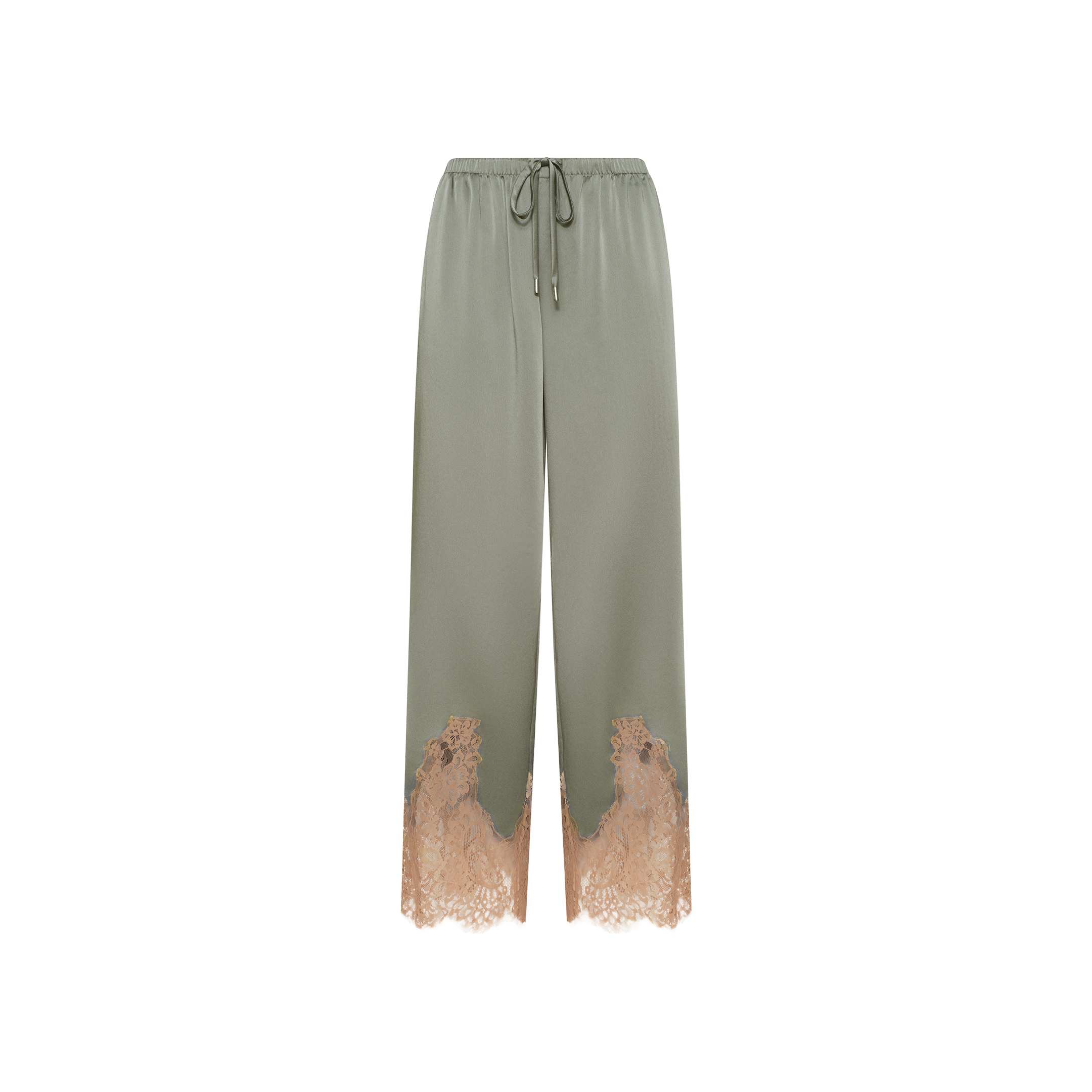 The Mirel Pant features a light olive green satin finish, a drawstring waist, wide legs, and delicate beige lace trim at the hem, displayed on a plain white background. These elegant pants offer a chic blend of comfort and style.
