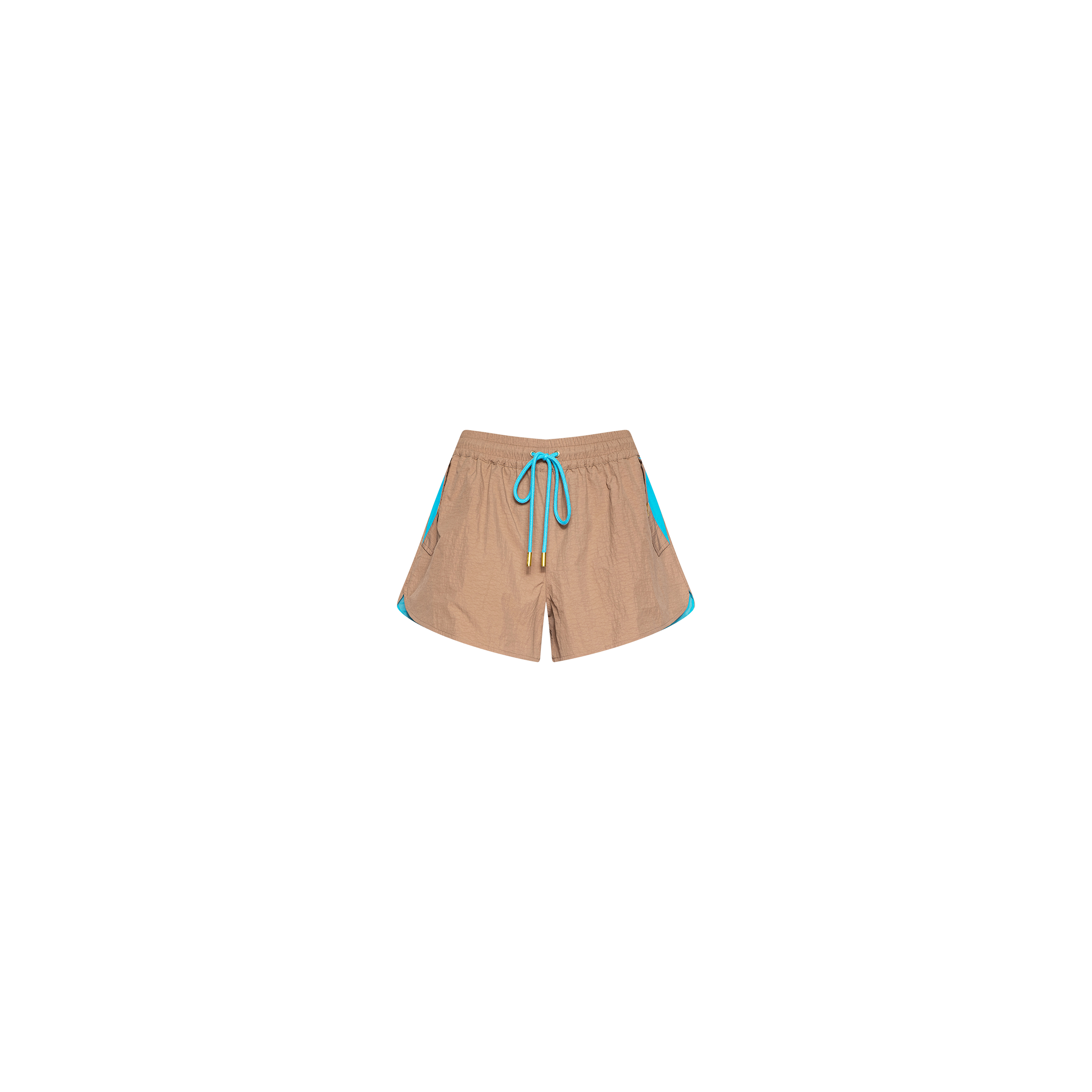 The Grayson Nylon Short is crafted from water-repellent crepe nylon in beige and features blue trim and a blue drawstring, with side pockets detailed in blue. The shorts are shown against a plain white background.