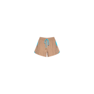 The Grayson Nylon Short is crafted from water-repellent crepe nylon in beige and features blue trim and a blue drawstring, with side pockets detailed in blue. The shorts are shown against a plain white background.