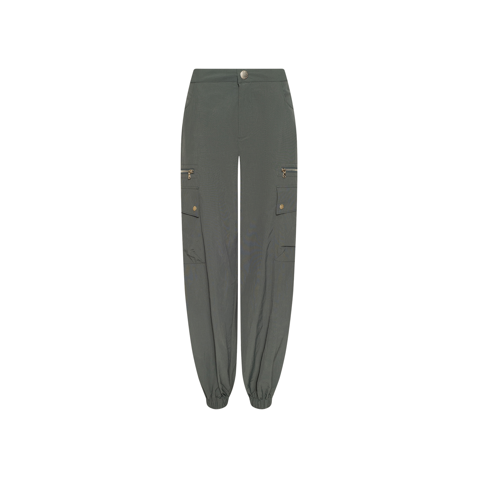 Greer Nylon Jogger in dark green, featuring elastic cuffs, a front button closure, and multiple cargo pockets, displayed on a plain white background.