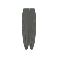 Greer Nylon Jogger in dark green, featuring elastic cuffs, a front button closure, and multiple cargo pockets, displayed on a plain white background.