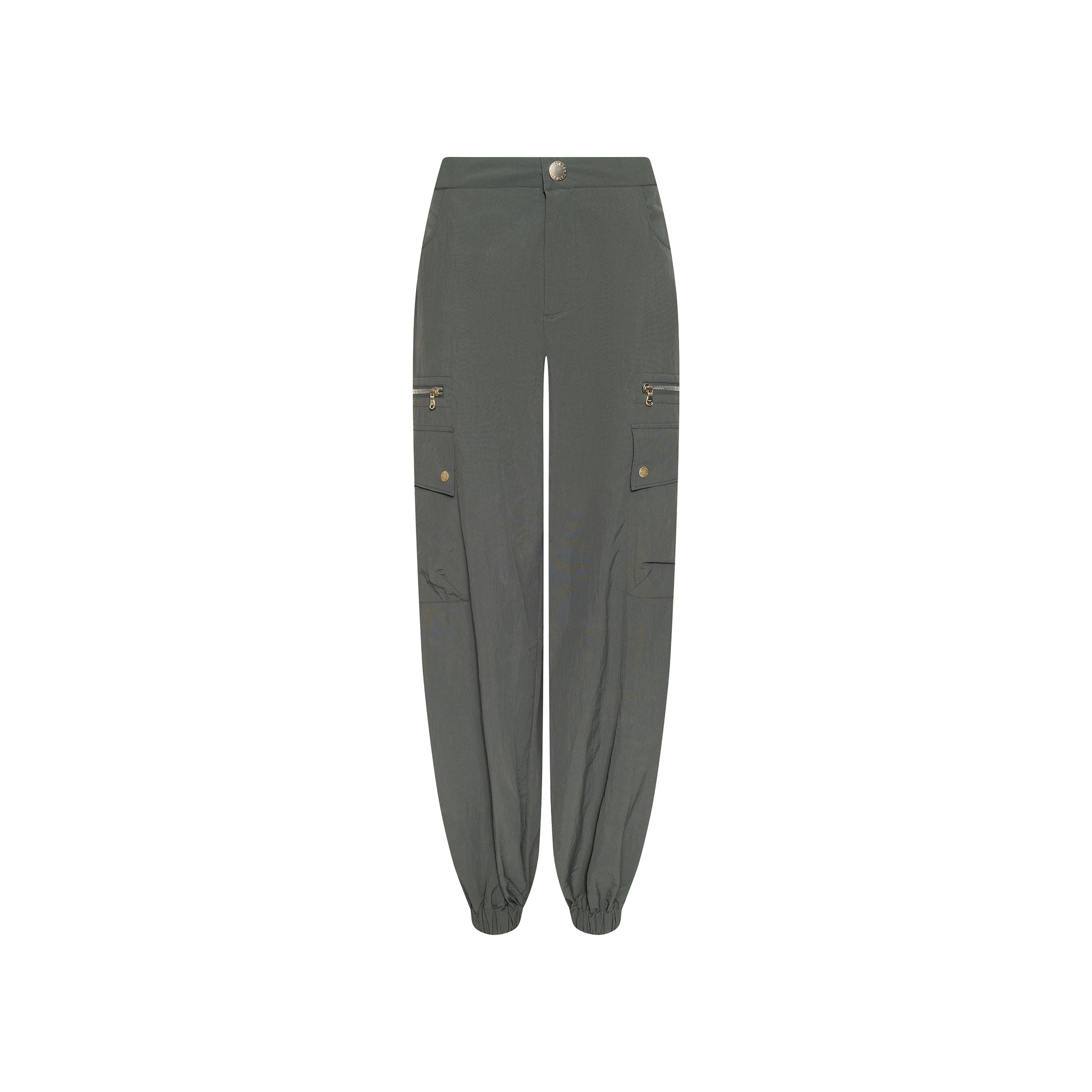 Greer Nylon Jogger in dark green, featuring elastic cuffs, a front button closure, and multiple cargo pockets, displayed on a plain white background.