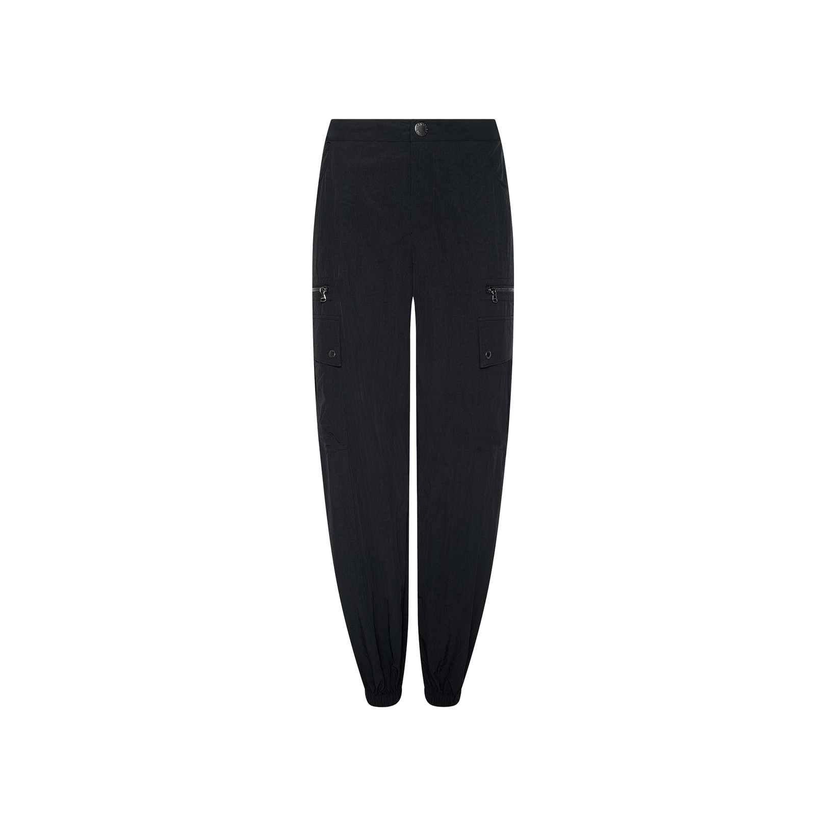 The Greer Nylon Jogger showcases a modern jogger style with black nylon cargo pants, featuring an elasticated waistband and ankles, as well as multiple front cargo pockets with zippers and flaps for practical utility, displayed on a plain white background.