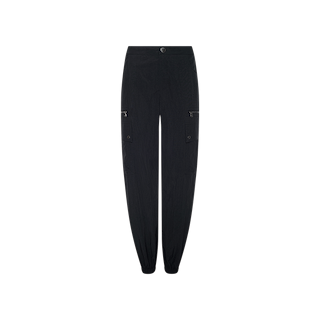 The Greer Nylon Jogger showcases a modern jogger style with black nylon cargo pants, featuring an elasticated waistband and ankles, as well as multiple front cargo pockets with zippers and flaps for practical utility, displayed on a plain white background.