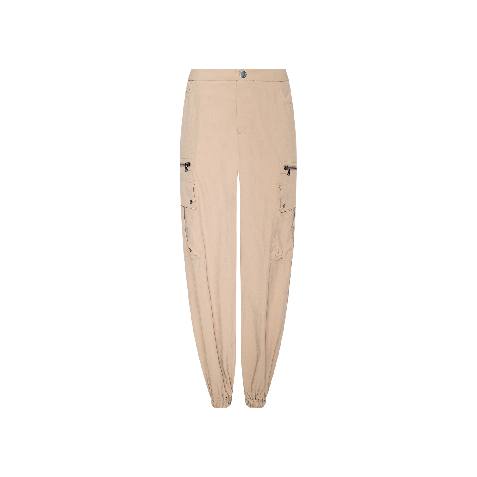 The Greer Nylon Jogger in beige features an elasticated hem, a modern jogger silhouette, two side zipper pockets, and a front button closure, displayed on a plain white background.