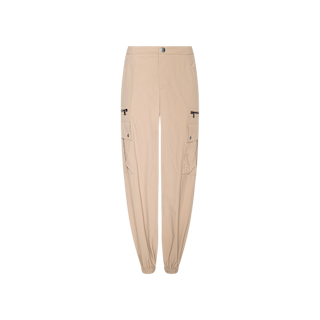 The Greer Nylon Jogger in beige features an elasticated hem, a modern jogger silhouette, two side zipper pockets, and a front button closure, displayed on a plain white background.