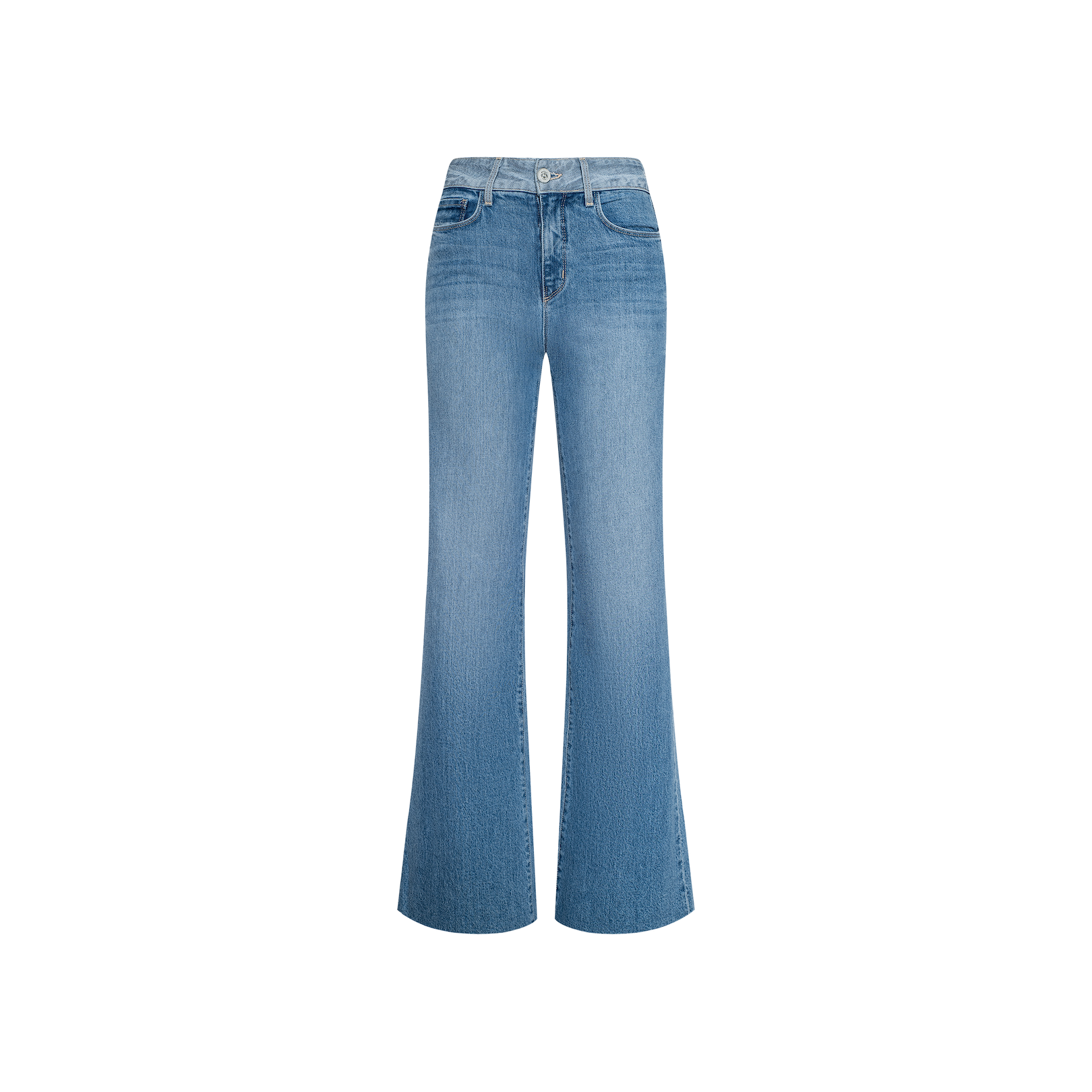 The Louane Wide-Leg Flare Jean is crafted from stretch denim in a light blue wash, featuring a high-rise waist, front pockets, wide-leg silhouette, and button closure, displayed on a white background.
