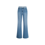 The Louane Wide-Leg Flare Jean is crafted from stretch denim in a light blue wash, featuring a high-rise waist, front pockets, wide-leg silhouette, and button closure, displayed on a white background.
