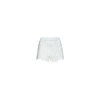 Laina Eyelet Short featuring an elastic waistband and delicate floral patterns, crafted from lightweight cotton eyelet fabric—ideal for effortless beachwear. Displayed against a plain white background.