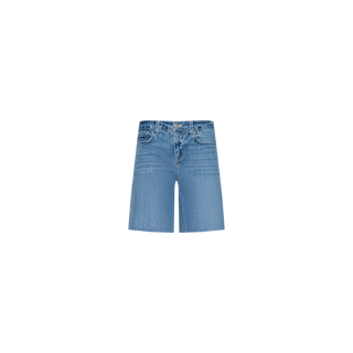 River Jean Bermuda Short: Mid-rise and crafted in a classic blue wash, the River Jean Bermuda Short features front pockets, belt loops, and a button fly, all displayed on a plain white background.