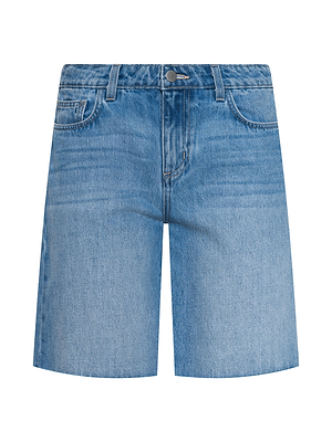 The River Jean Bermuda Short is made from light blue all-cotton denim with a mid rise, button and zipper closure, belt loops, and classic five-pocket styling, shown against a plain white background.