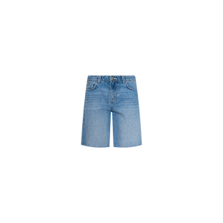 The River Jean Bermuda Short features a light blue denim wash, a classic five-pocket design, mid rise fit, belt loops, and a button fly. Crafted from 100 cotton and showcased against a plain white background.