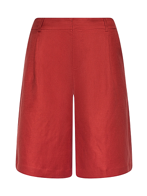 Doretta Bermuda Short: Red knee-length tailored linen with a straight cut, high-rise waistband, belt loops, and subtle front seam—a stylish choice for summer office wear, shown on a white background.