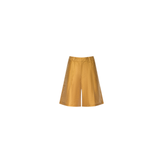 The Doretta Linen-Blend Bermuda Short is a yellow, high-rise, knee-length short featuring a loose fit, flat waistband, and front seam details. Crafted in a gold linen-blend Bermuda style, it is displayed on a plain light gray background.