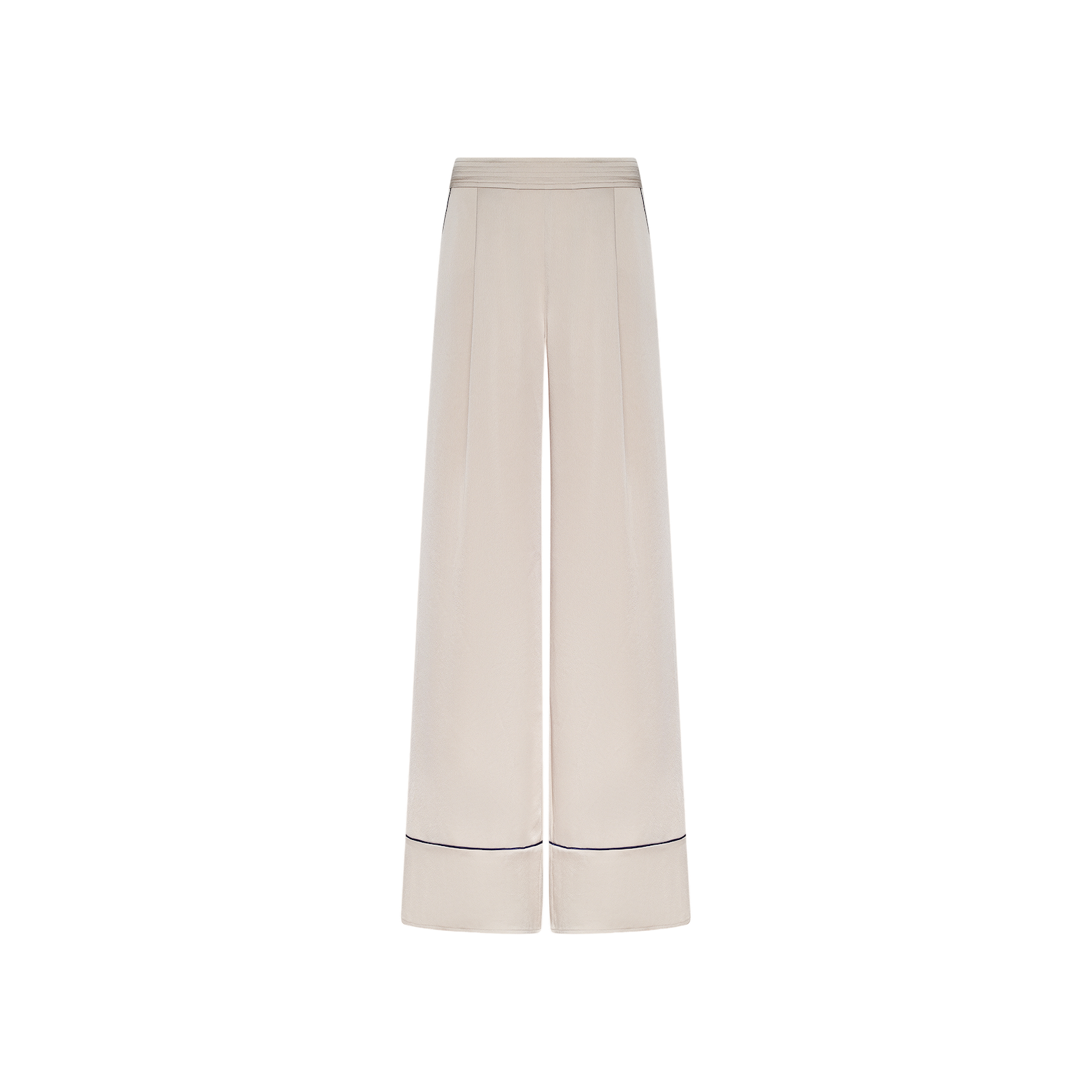 The Tavia Trouser is a wide-leg, high-waisted style crafted from cream-colored satin, featuring subtle waistband detailing and a thin dark horizontal stripe near the hem of each leg. These luxe loungewear pull-on trousers are showcased against a plain white background.