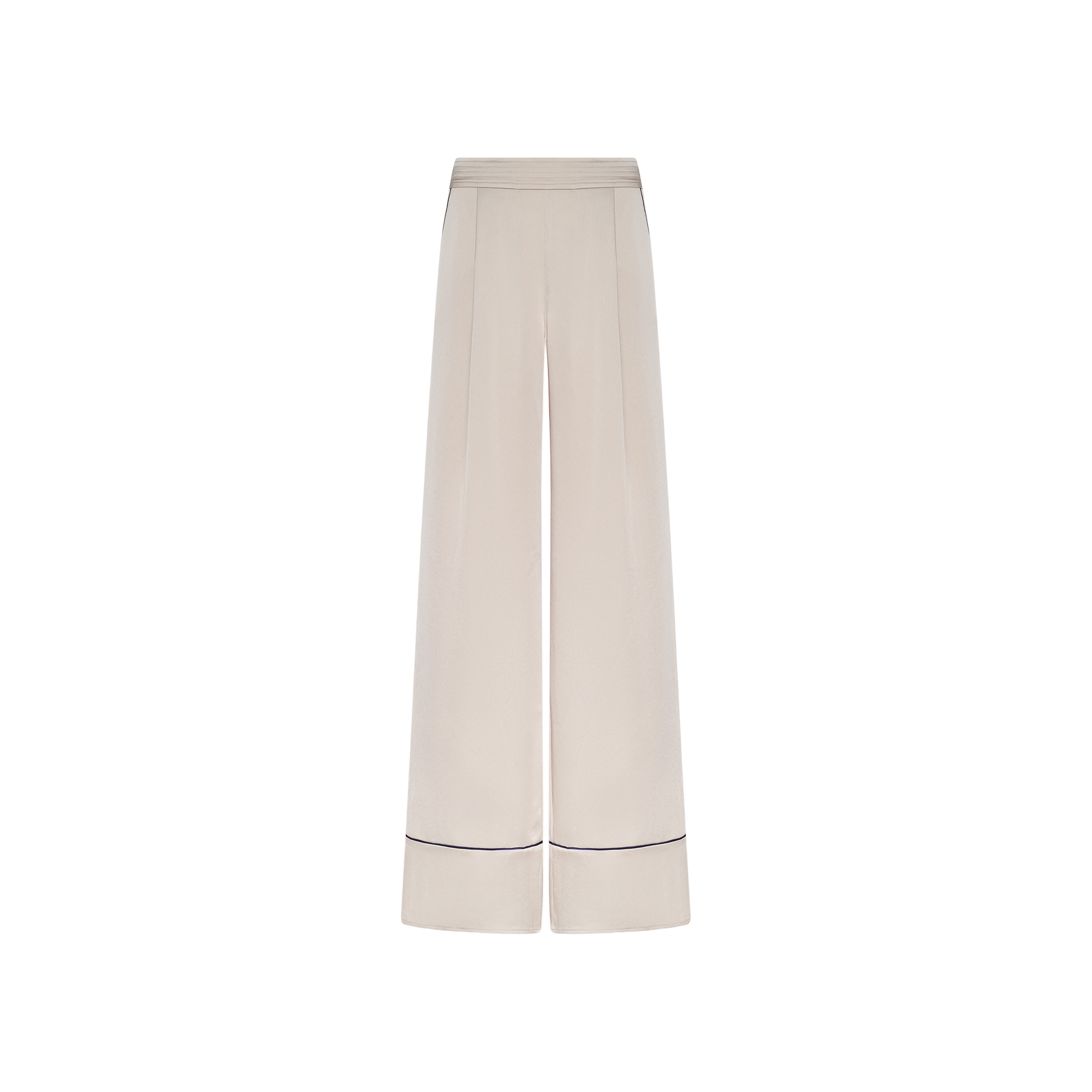 The Tavia Trouser is a wide-leg, high-waisted style crafted from cream-colored satin, featuring subtle waistband detailing and a thin dark horizontal stripe near the hem of each leg. These luxe loungewear pull-on trousers are showcased against a plain white background.