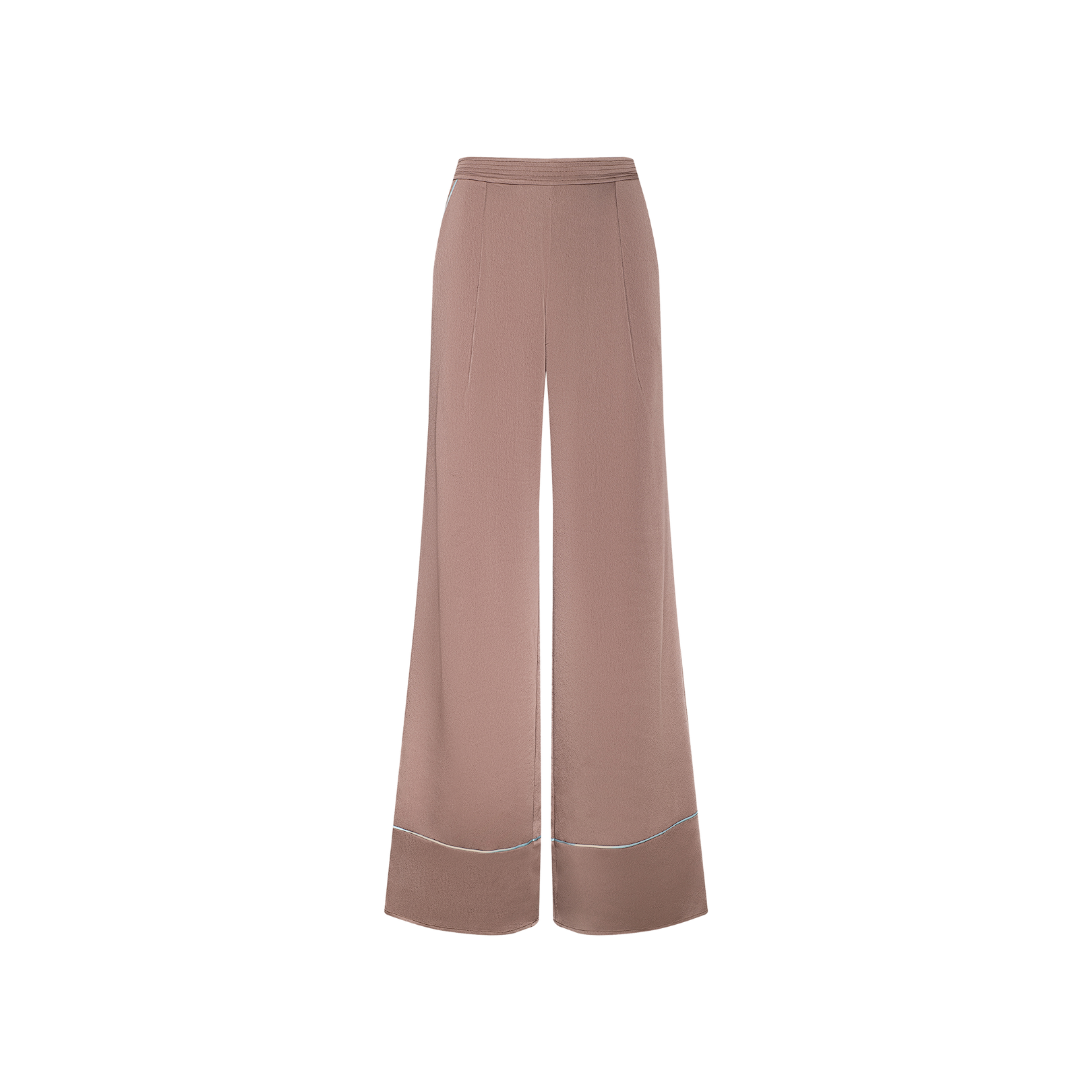 The Tavia Satin Trouser features a high-waisted, wide-leg silhouette in light brown satin, detailed with a subtle front crease and faint white trim near the hem, shown against a white background for an effortlessly chic look.