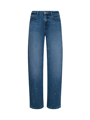 The Bex Studded Rodeo Jean is a blue high-rise straight-leg style, featuring metal stud embellishments across the front for a bold update to classic denim.